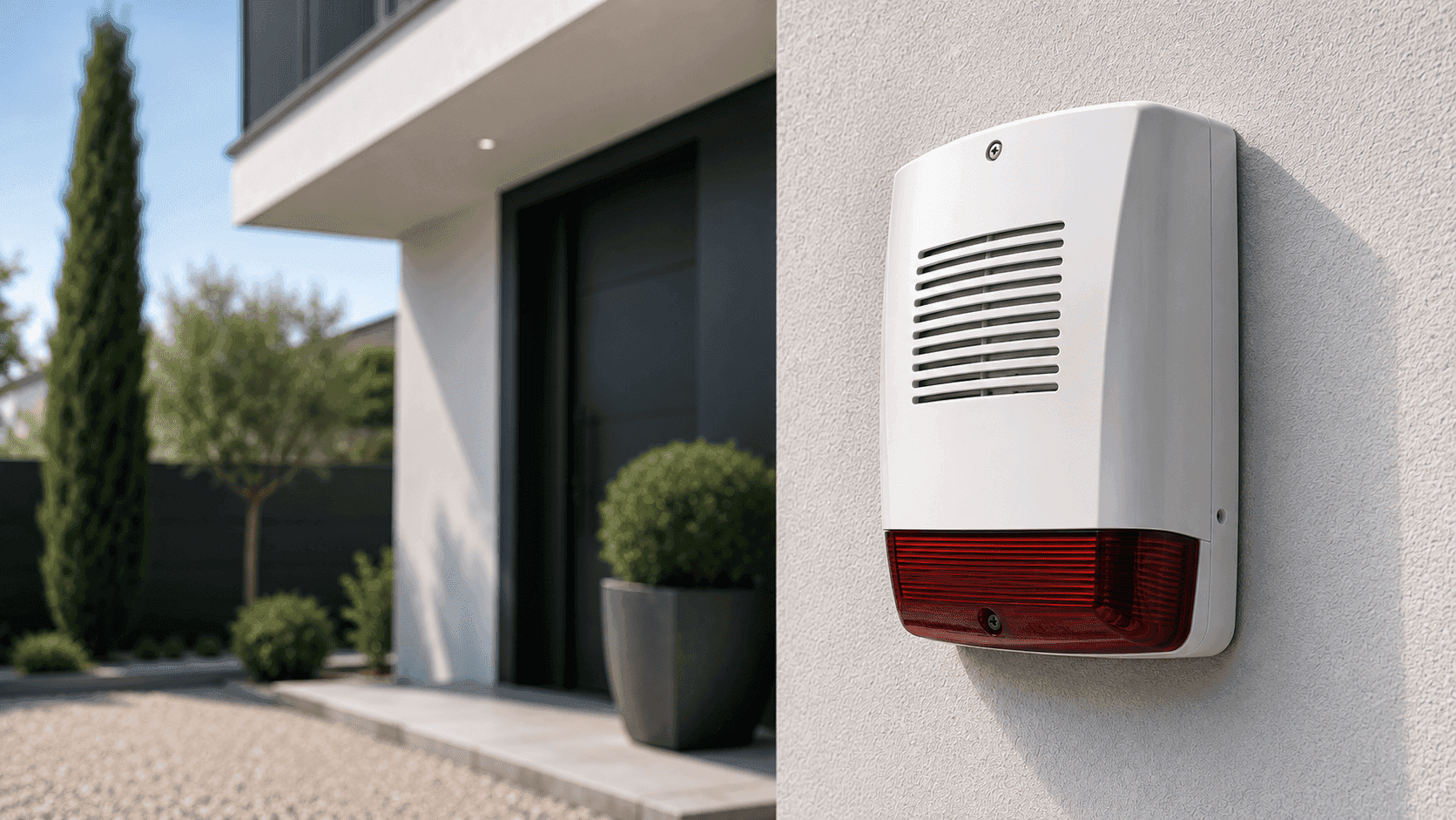Boîtier d'alarme fixé sur la façade d'une maison