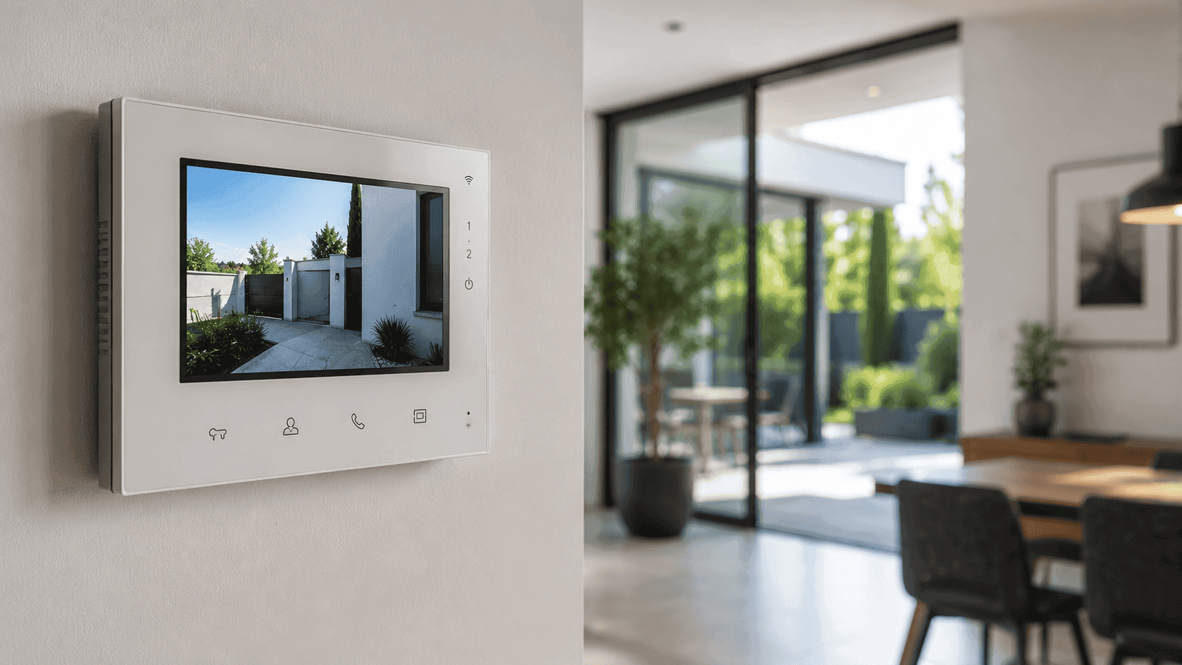 Interphone mural dans un intérieur contemporain