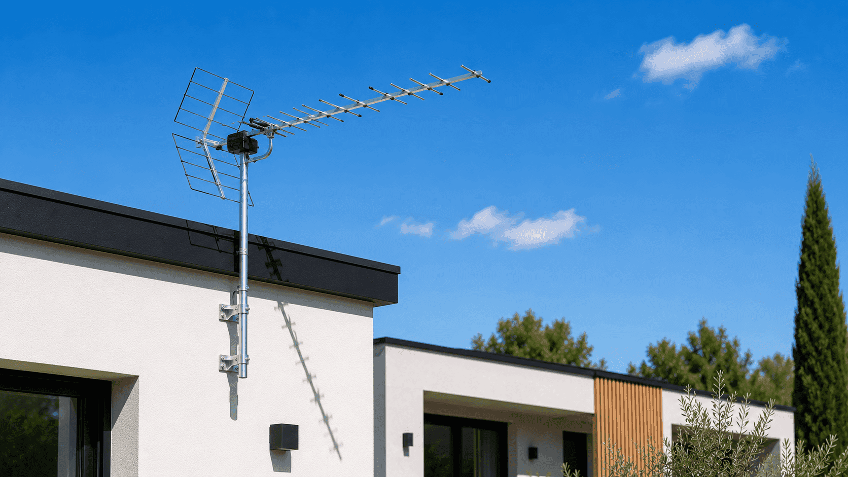 Toiture d'une habitation sous un ciel bleu