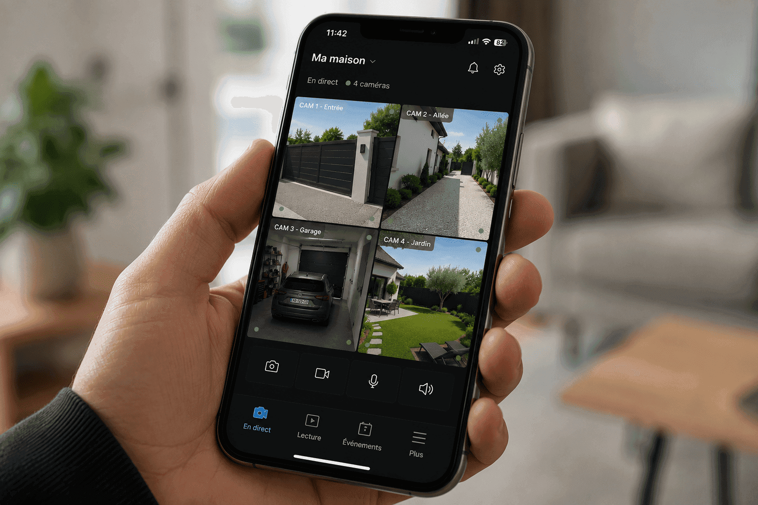 Main tenant un smartphone affichant les images de caméras de sécurité